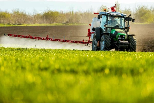 Serbia, Vojvodina. Farmer in a tractor spraying green field of wheat